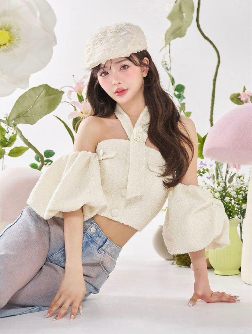 darich ホルターネックオフショルツイードトップス 白 ホルターネックオフショルツイードトップス – Darich (ダーリッチ)