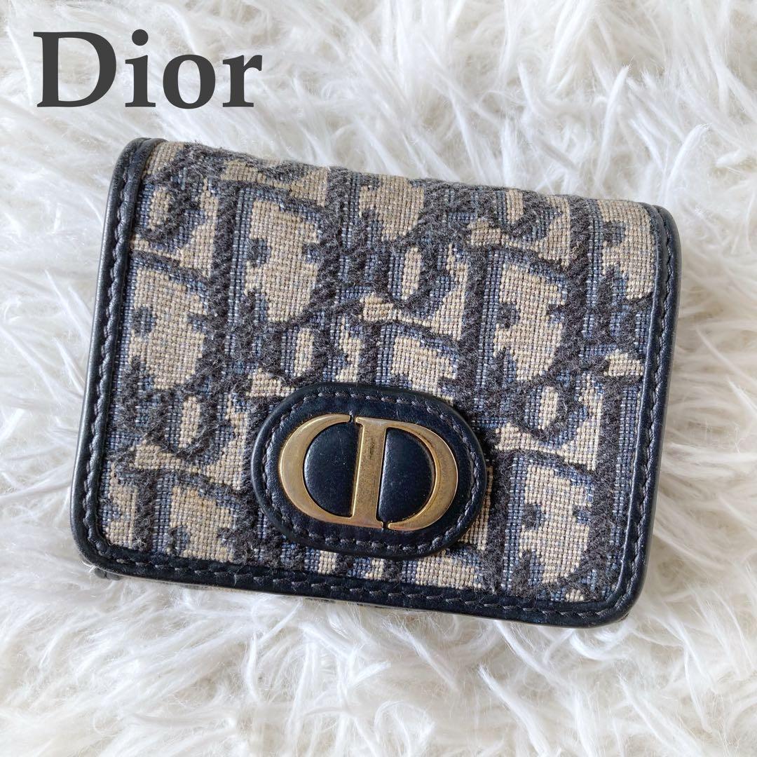 【美品】Dior ディオール オブリーク 三つ折り財布 キャンバス　ネイビー ネイビー（紺）系 Dior(ディオール) 折りたたみ財布(レディース