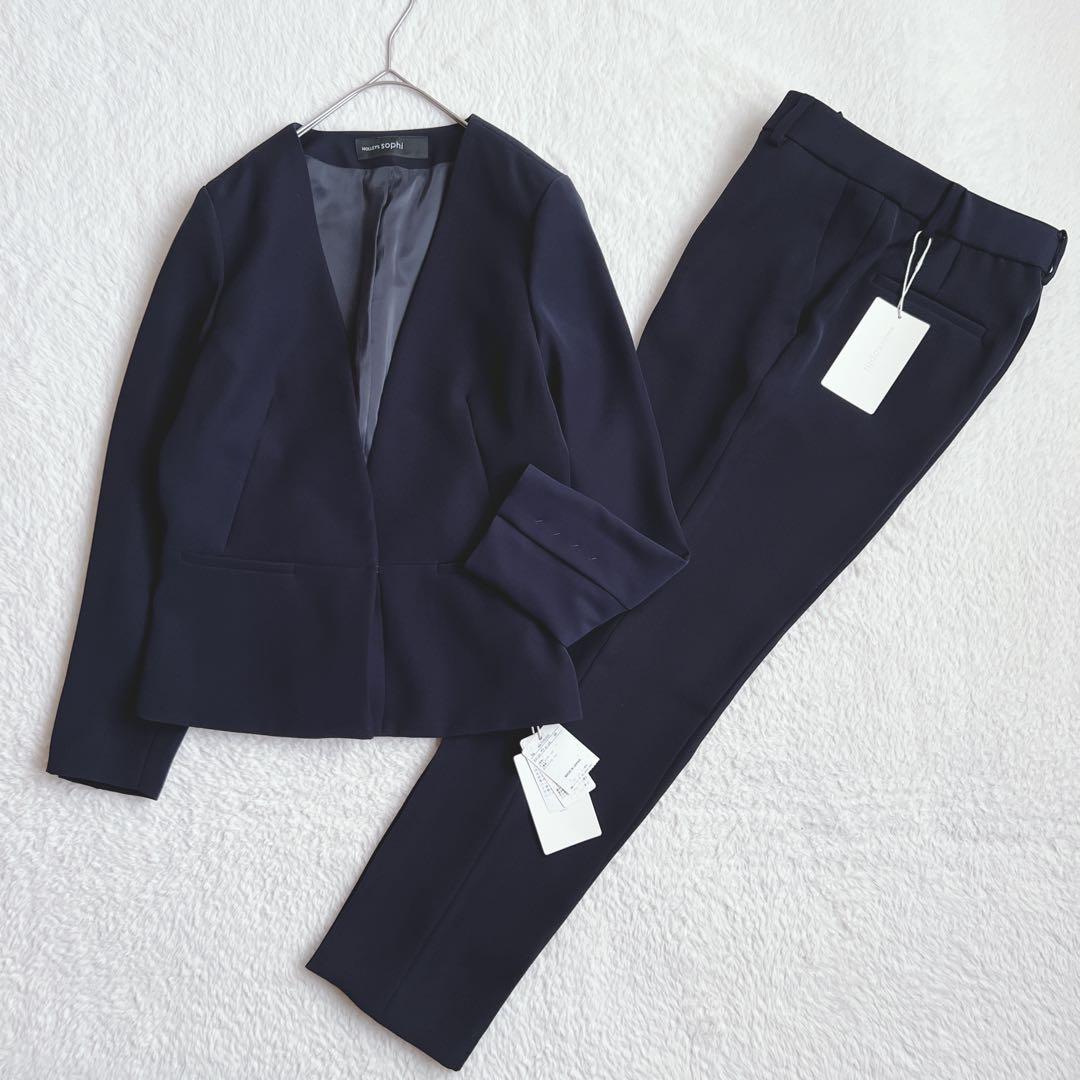 タグ付✨ノーリーズ ノーカラージャケット パンツスーツ セットアップ ネイビー 2点セット】選べるボトム！洗えて型くずれしないノーカラージャケット
