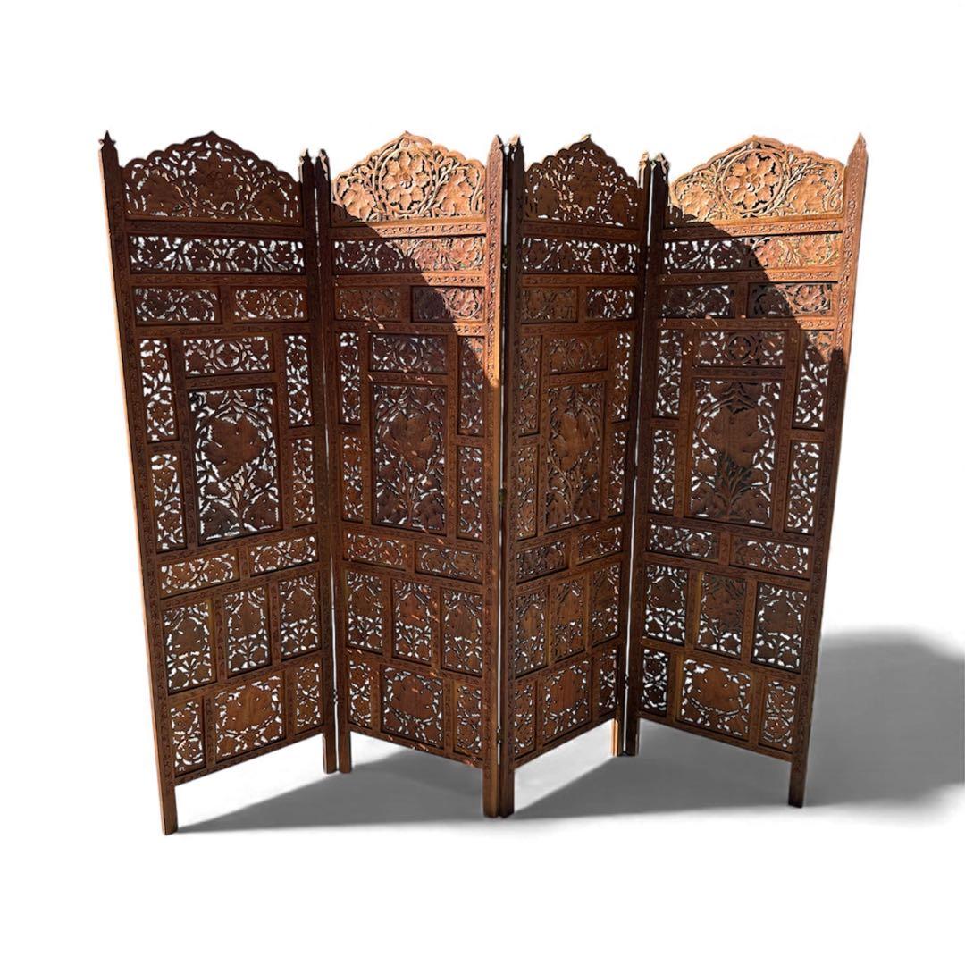 アジアン家具 4連パーテーション 透かし彫り 衝立 間仕切り 彫刻 木製 ウッド 8ced7a23232c3933f340fe88b0bcfb