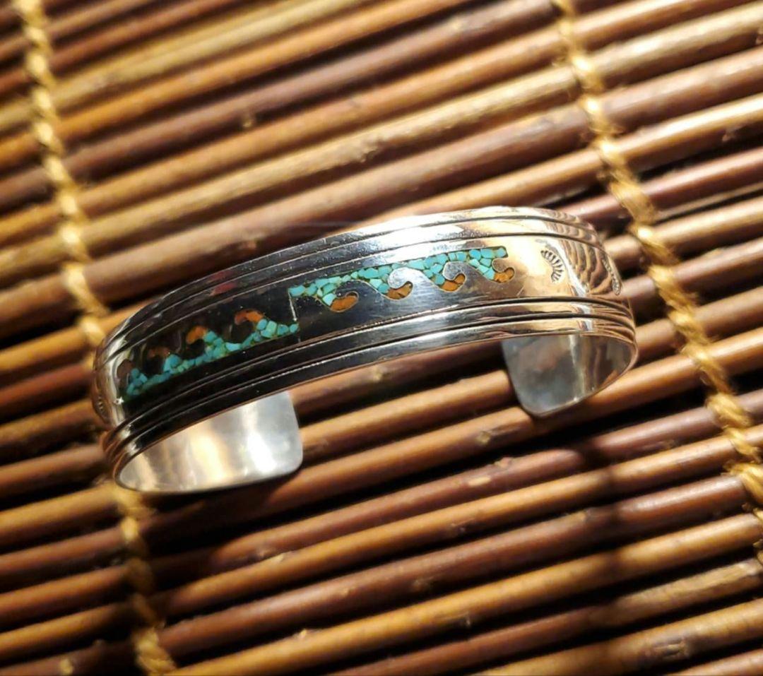 ナバホ族 ターコイズ コーラル インレイ バングル ヴィンテージ