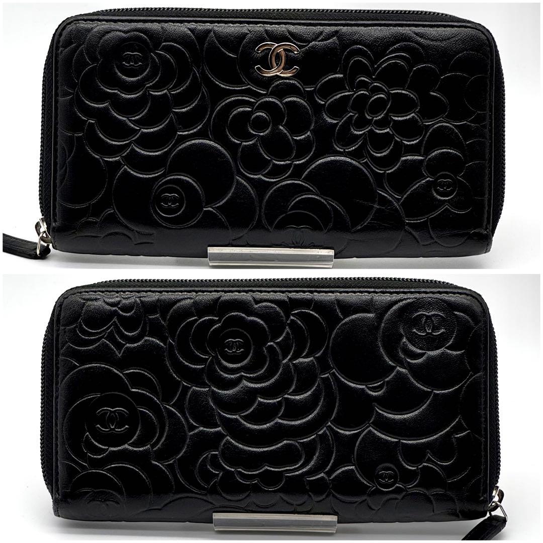 超美品】CHANEL シャネル カメリア ラウンドファスナー 長財布 黒