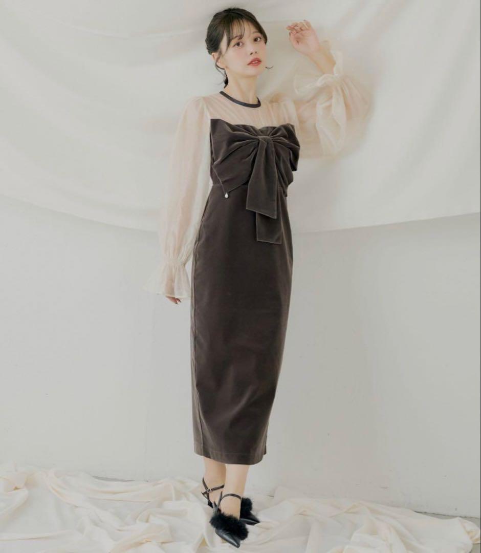 CHICO オケージョン 配色シアーリボンベロアワンピース