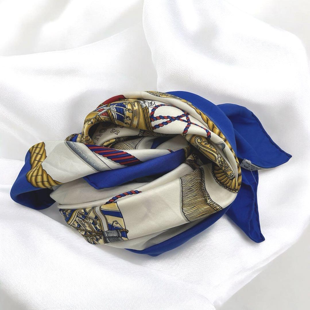 HERMES エルメス カレ90 タンブールの太鼓 スカーフ シルク ブルー