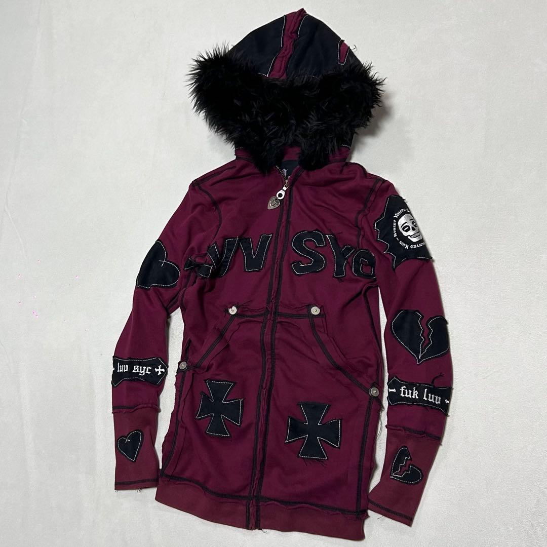 00s スカル 十字架 刺繍 ファー ジップパーカー 平成 お兄系 ギャル