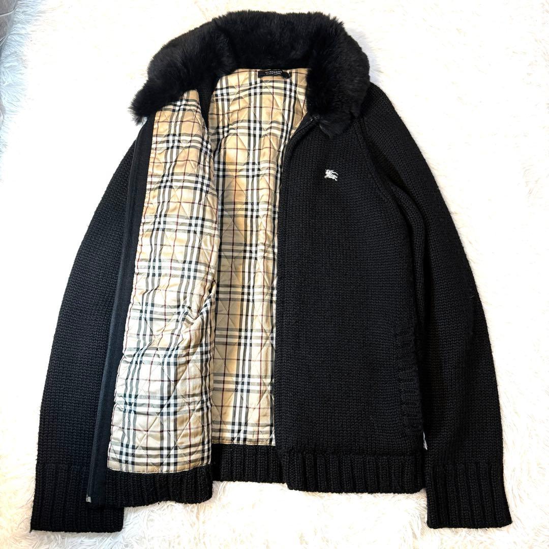 BURBERRY BLACK LABEL厚手ニットファー付 ノバチェック 黒 2 美品 M(2) バーバリーブラックレーベル BURBERRY BLACK LABEL 裏地ノバ