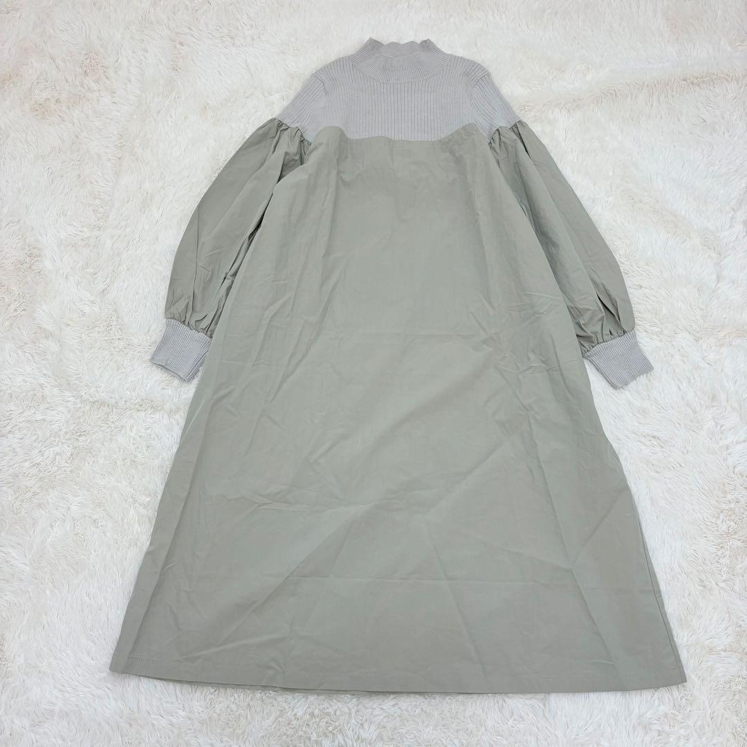 美品✨24SS✨ビアズリー　ニットコンビワンピース カーキ　ロングワンピース ビアズリー BEARDSLEY ニットコンビギャザーワンピース （khaki） -靴