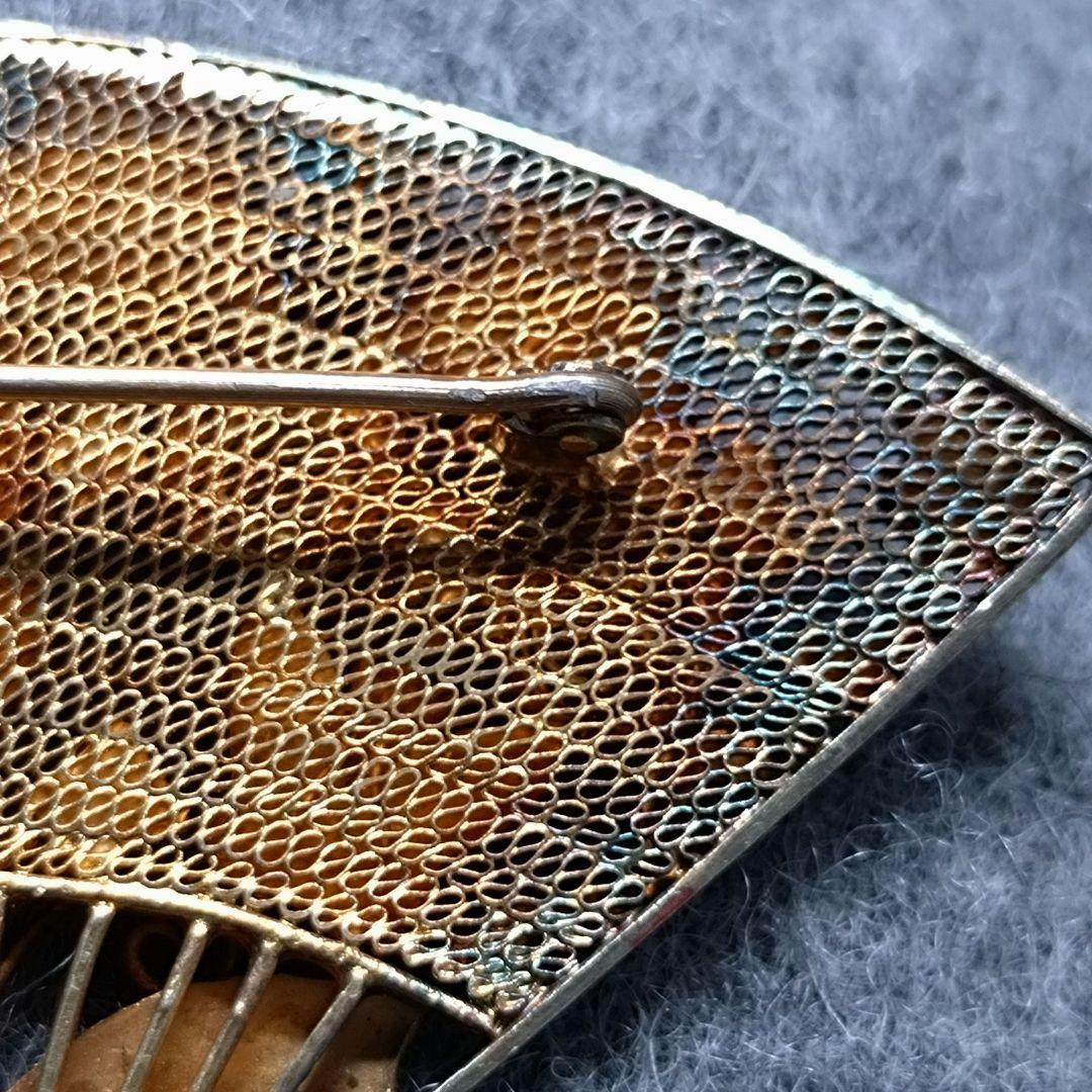 希少】七宝焼 透かし扇 銀線細工 ブローチ