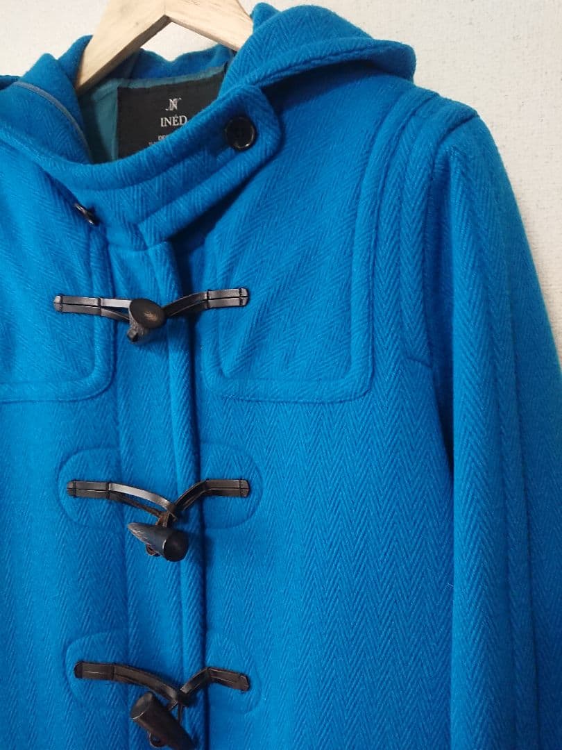 日本製 INED ヘリンボーンダッフルコート ブルー 青 15号XL レディース