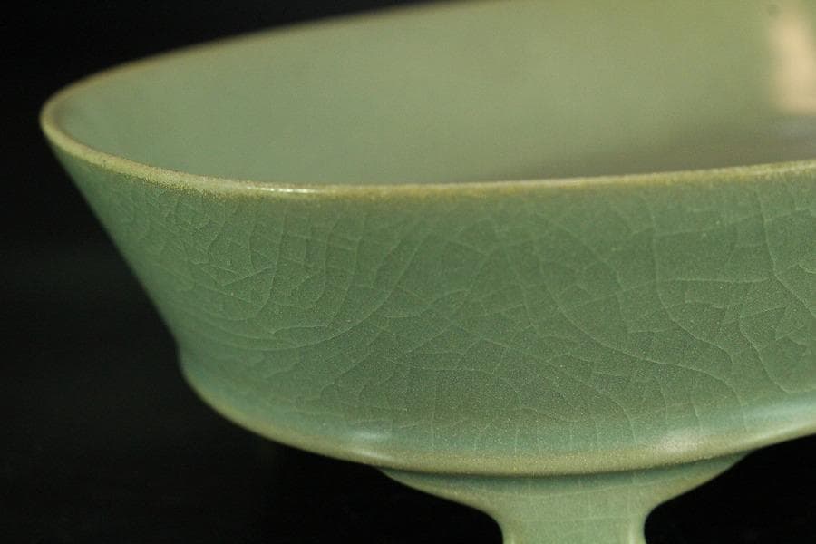 中国美術 青釉 楕円形 洗 碗 17.5cm(K-LC678)