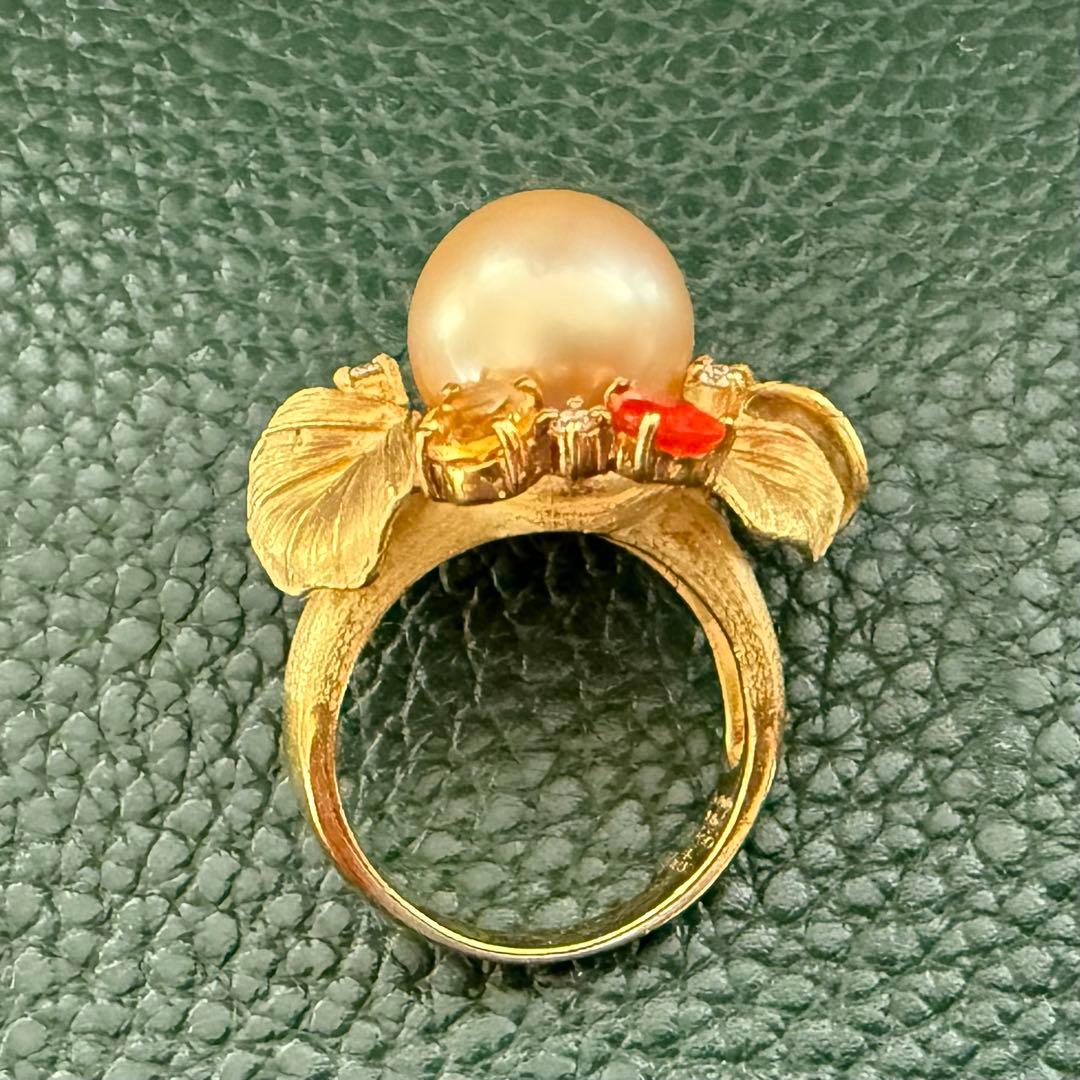 k18YG南洋ゴールデンパールファイヤオパールダイヤシトリン彫金リング