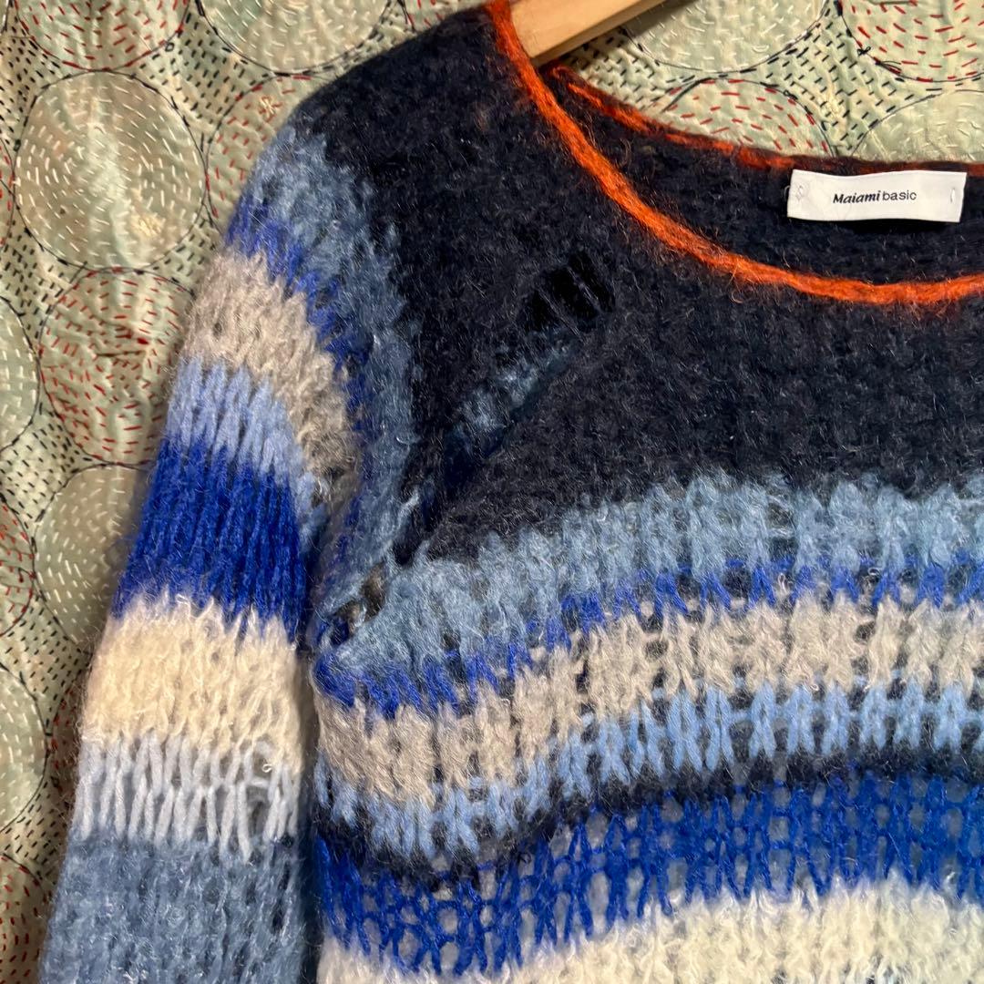 Maiami マイアミ】マルチボーダー モヘア ニット セーター 柄 青白