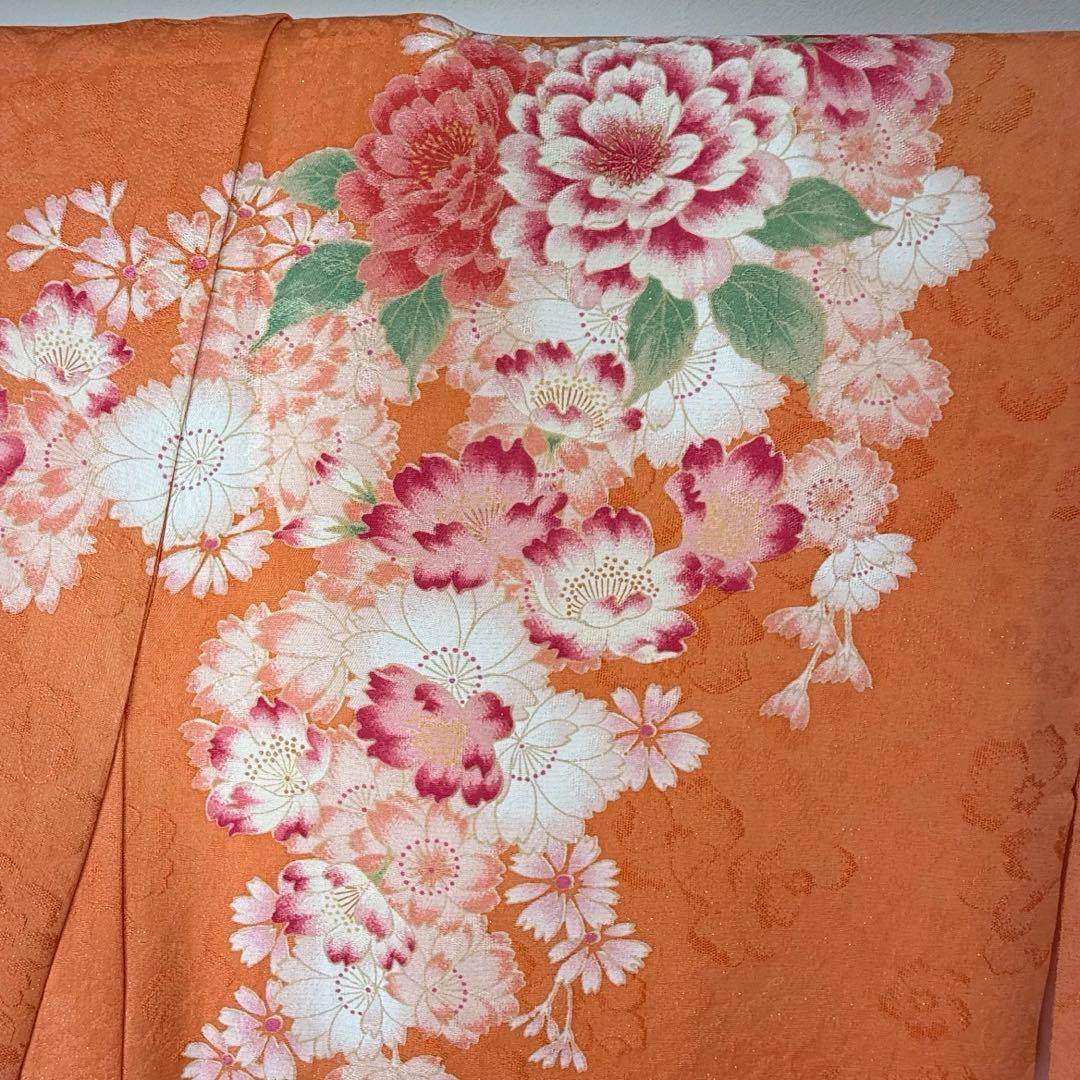 超美品 正絹 現代振袖 成人式 着物 169㎝ オレンジ 黄 桜柄 金駒 刺繍
