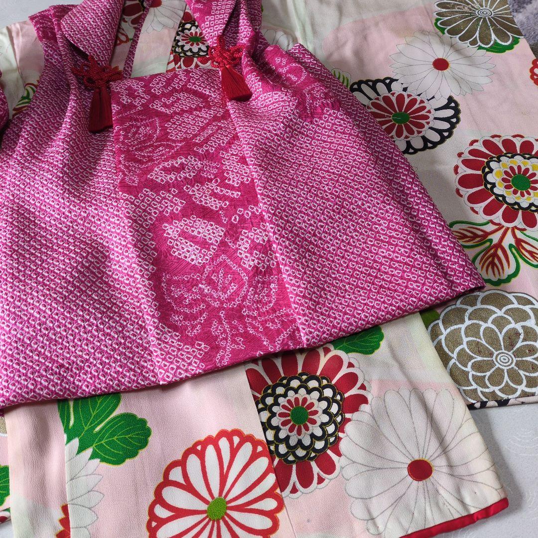 七五三3歳女の子アンティーク着物と正絹総絞り手縫いの被布と巾着