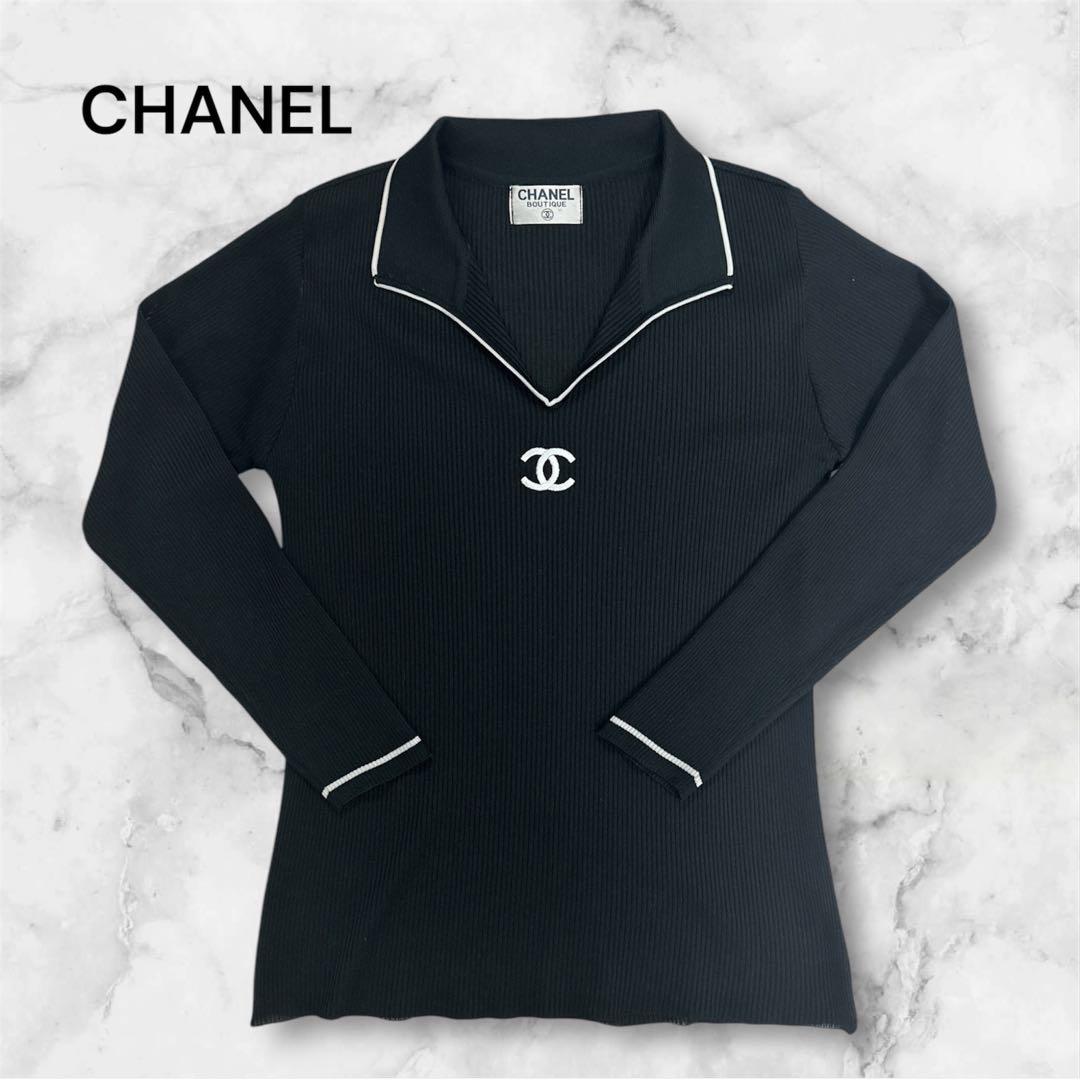 CHANEL ブラックリブポロシャツ 長袖 スナップ釦 レイヤード長袖ポロ （SAFETYシリーズ） 819－1