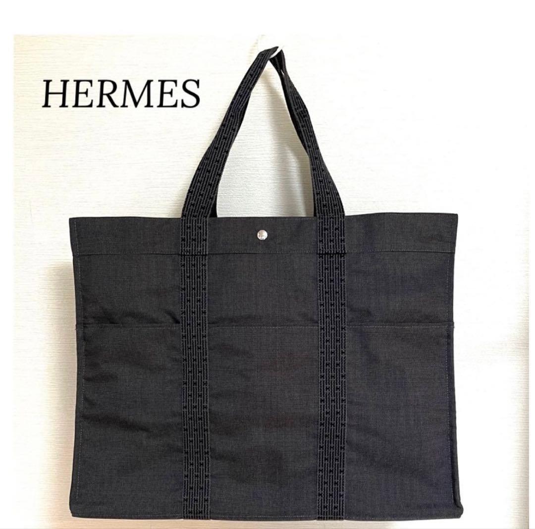 極美品　エルメス　エールラインTGMトートバッグ　特大　グレー　角スレなし エルメスエールライン TGM グレー ユニセックス キャンバス トート
