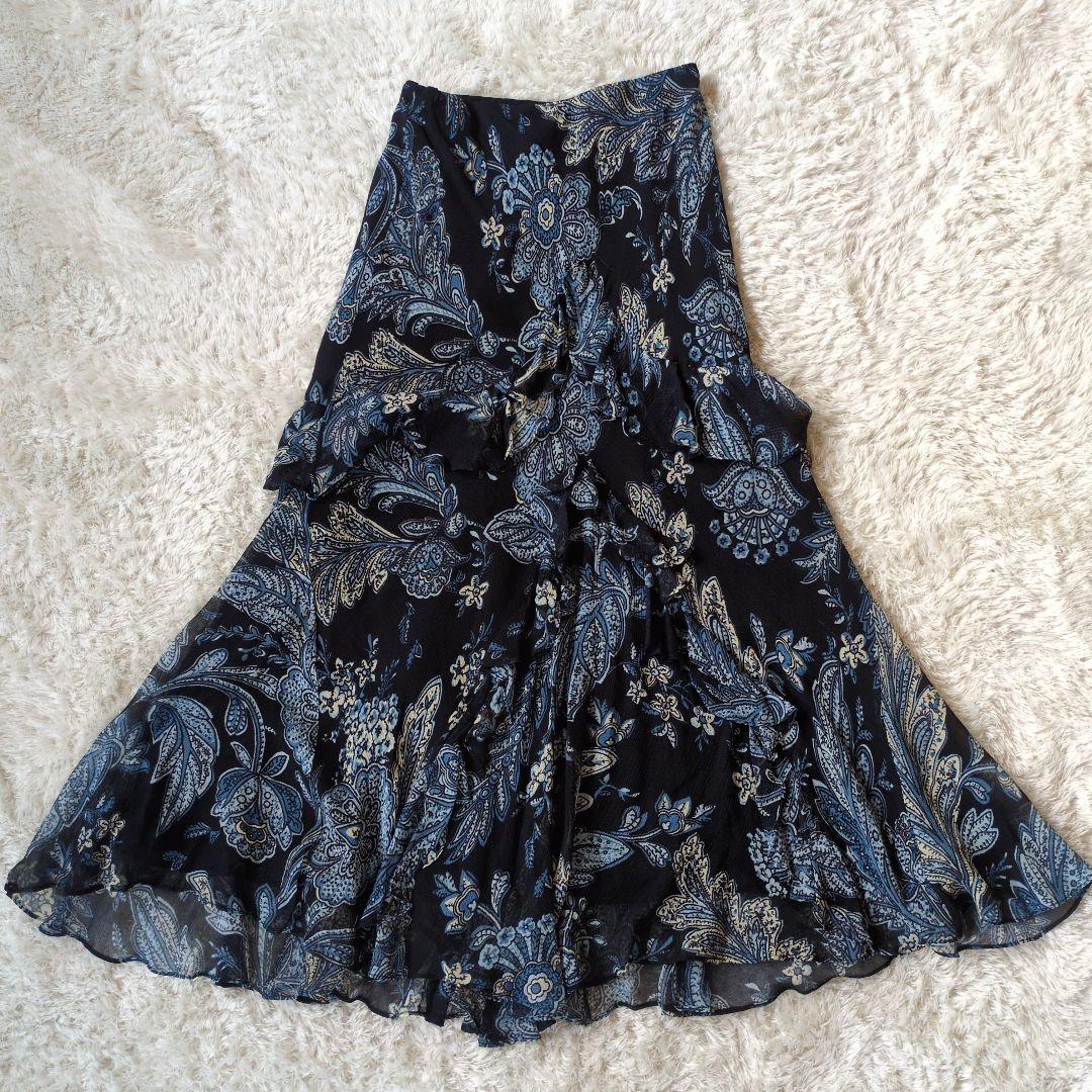 ローレンラルフローレン 花柄 フレアスカート 黒と青 S ペイズリー