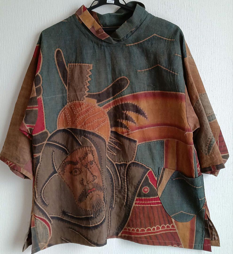 古布リメイク柿渋染め織旗チュニック.ブラウス - メルカリ