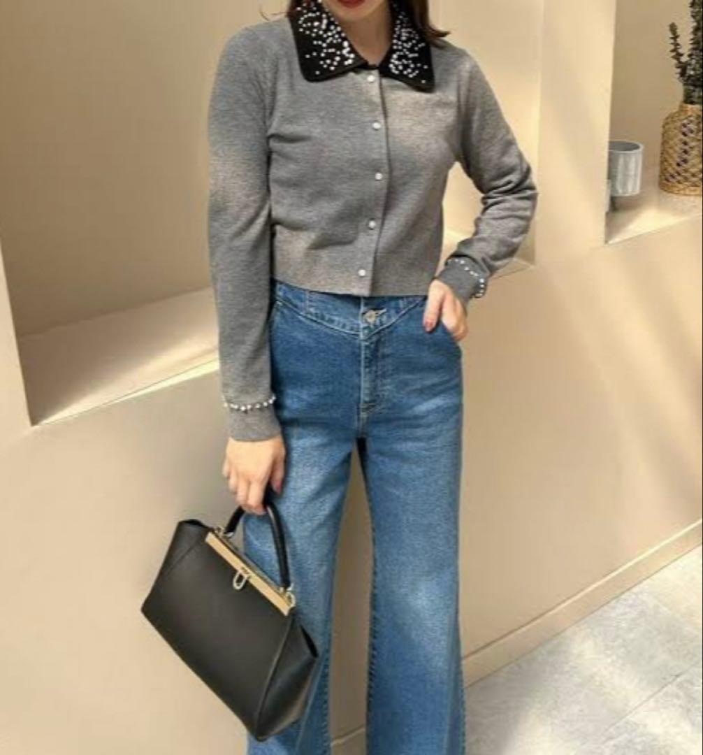 美品】SNIDEL スナイデル ビジューカラーニットカーディガン GRY