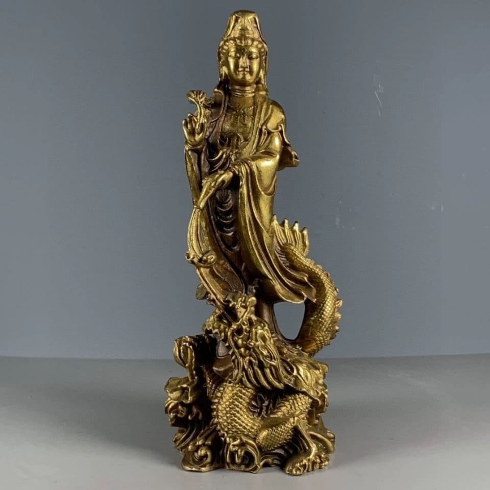 銅器 御龍観音仏像 観世音菩薩 鎮宅 辟邪 開運 風水 招財 置物 工芸品 観音菩薩 仏像 木像 金 装飾 観世音菩薩 観自在菩薩 観音様 観音 龍