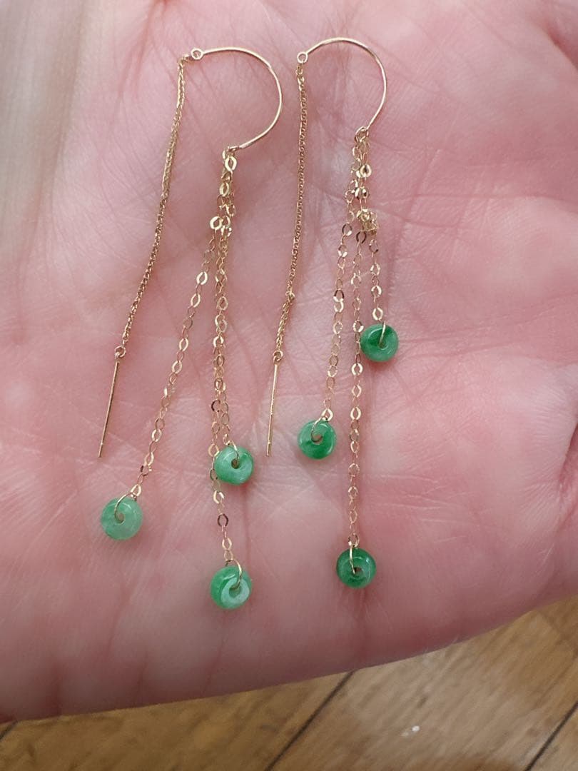 金18 K、刻みあり最高級ジェイドジェイダイトロングチェーンピアス 鑑定書付き K18 ダイヤモンド ピアス 18金 イエローゴールド ロングピアス ダイヤ