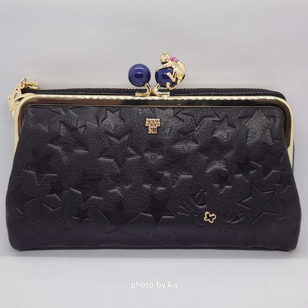 ブラック 新品 アナスイ ANNA SUI がま口 長財布 プレイングキャット