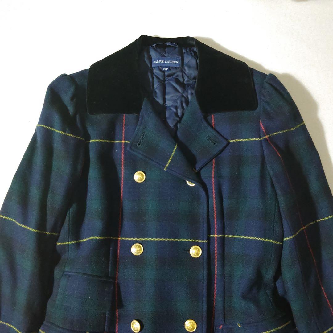 ラルフローレン チェスターコート 金ボタン チェック柄 深緑 裏地