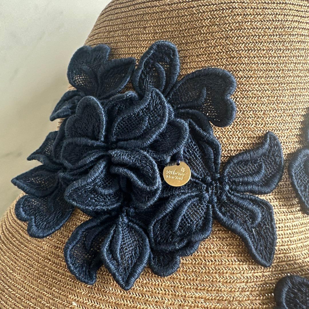 美品 アシーナニューヨーク ハット 麦わら帽子 フラワーレース 紺