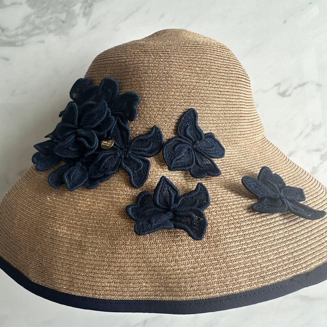 美品 アシーナニューヨーク ハット 麦わら帽子 フラワーレース 紺