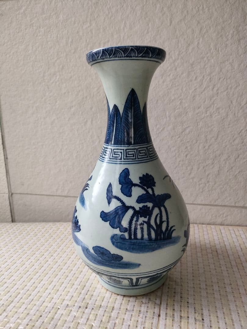 ●染付 青花 花瓶／中国陶磁器 画賛 蓮池水鳥図 高口花入れ ○染付 青花 花瓶／中国陶磁器 画賛 蓮池水鳥図 高口花入れ