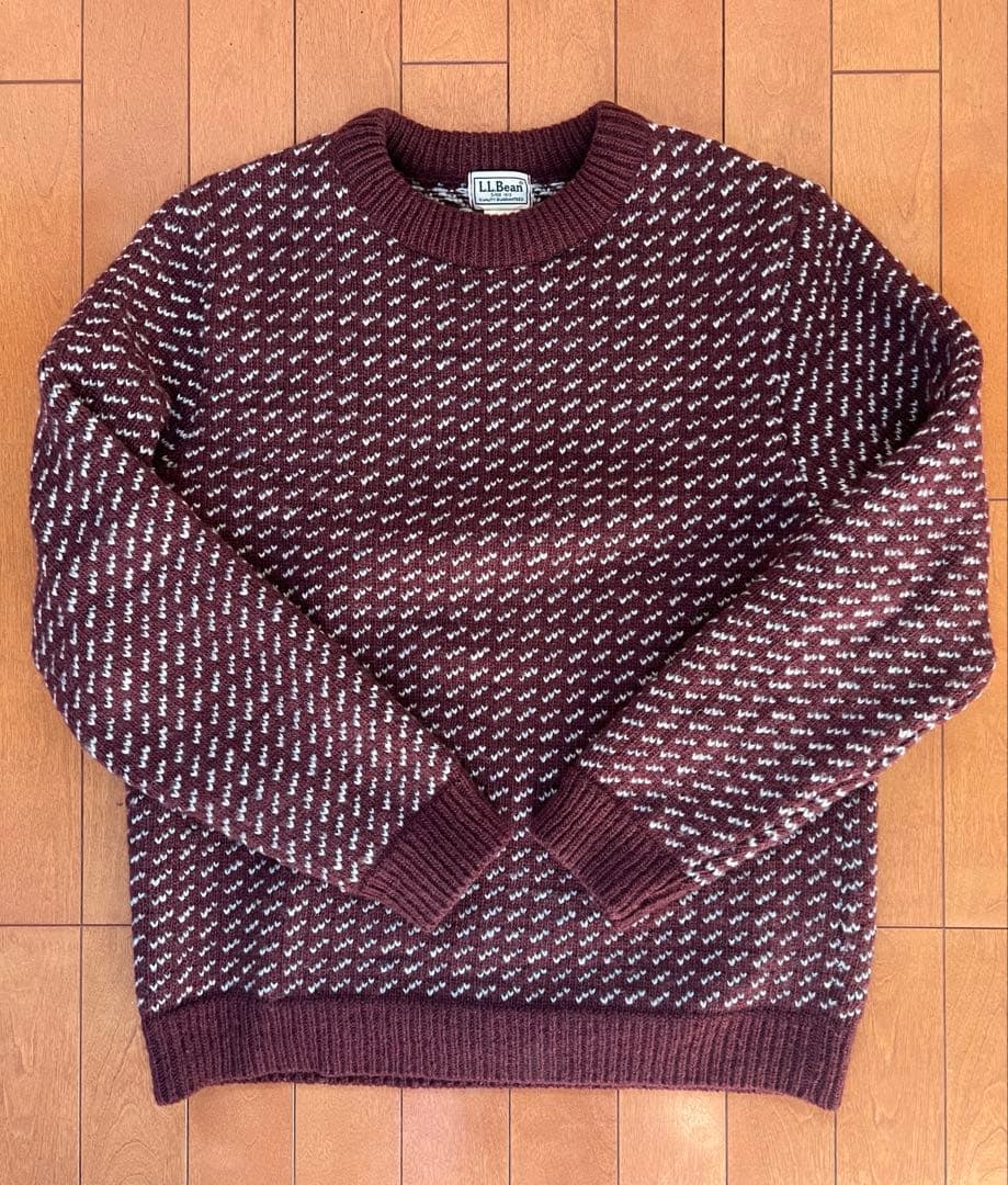 LL Bean バーズアイセーター M バーガンディ メンズ ビーンズ・クラシック・ラグ・ウール・セーター、クルーネック