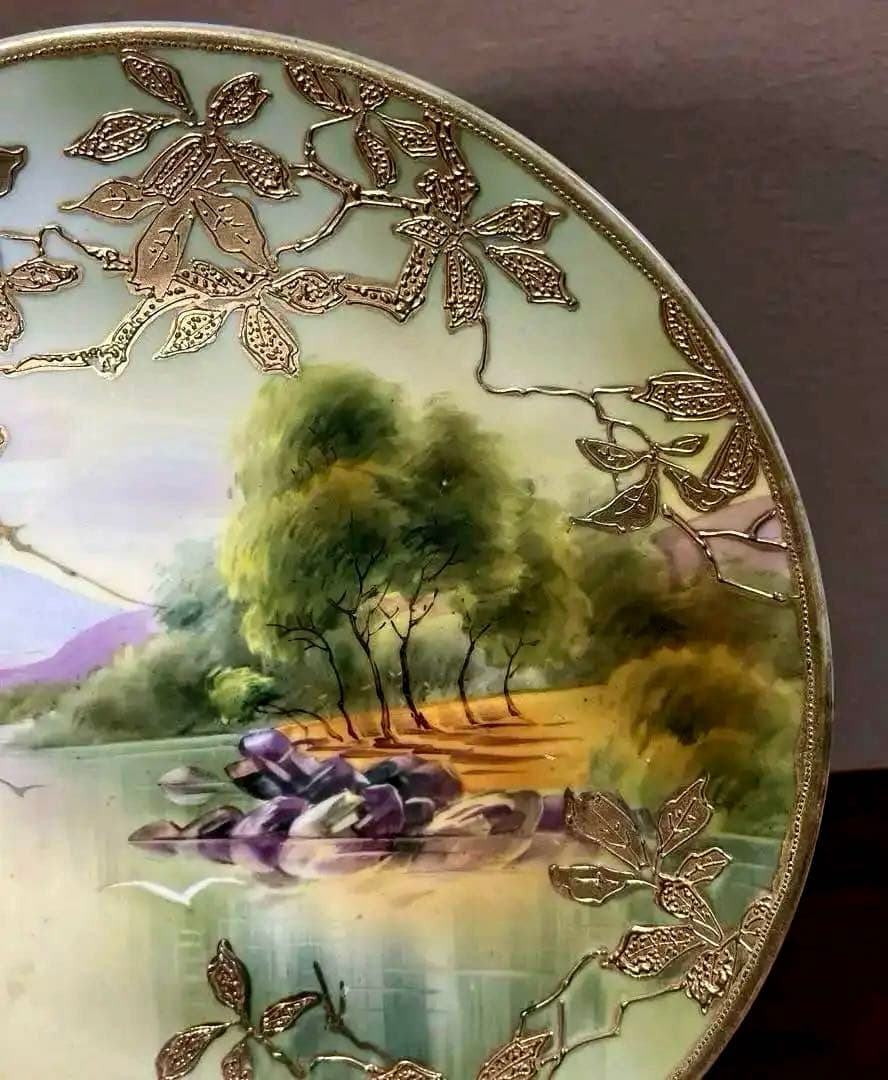 オールドノリタケ 飾り皿 金盛り 風景 メープルリーフ印 里帰り 骨董