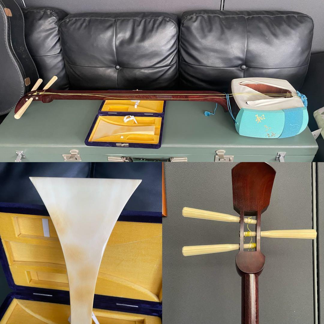 三味線 紅木子持綾杉金細 二枚溝極上天然素材 バチケース付き　糸巻バチ天然素材 民謡三味線 紅木金細 WKS-3903MK