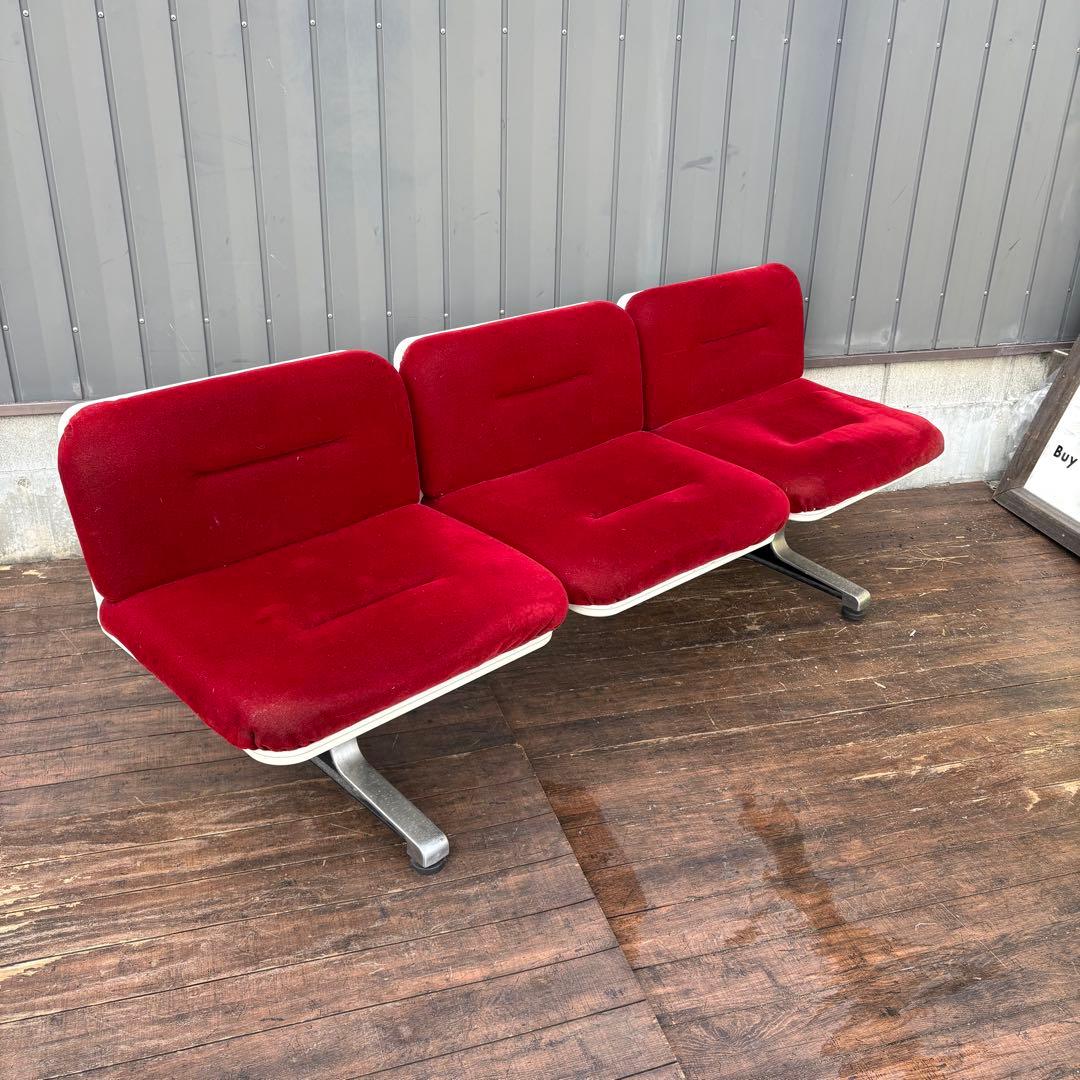 昭和レトロ オカムラ 3人掛け ベンチシート 赤 ベロア 待合椅子 ロビー
