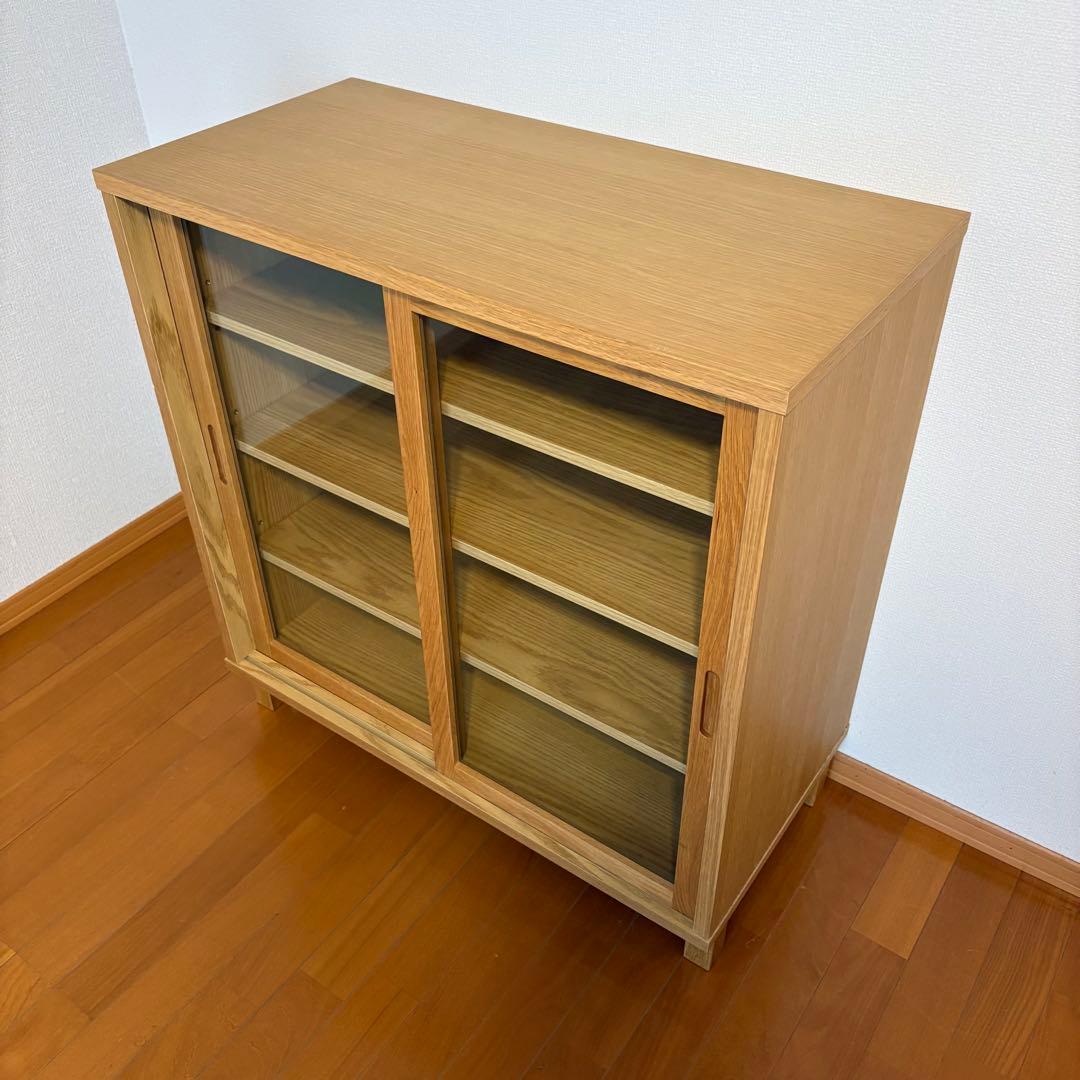 無印良品 オーク材キャビネットガラス扉（引戸）幅８０×奥行４０×高さ８3cm 無印良品 キャビネット・ガラス扉（引戸） ＆ チェスト4段 オーク材