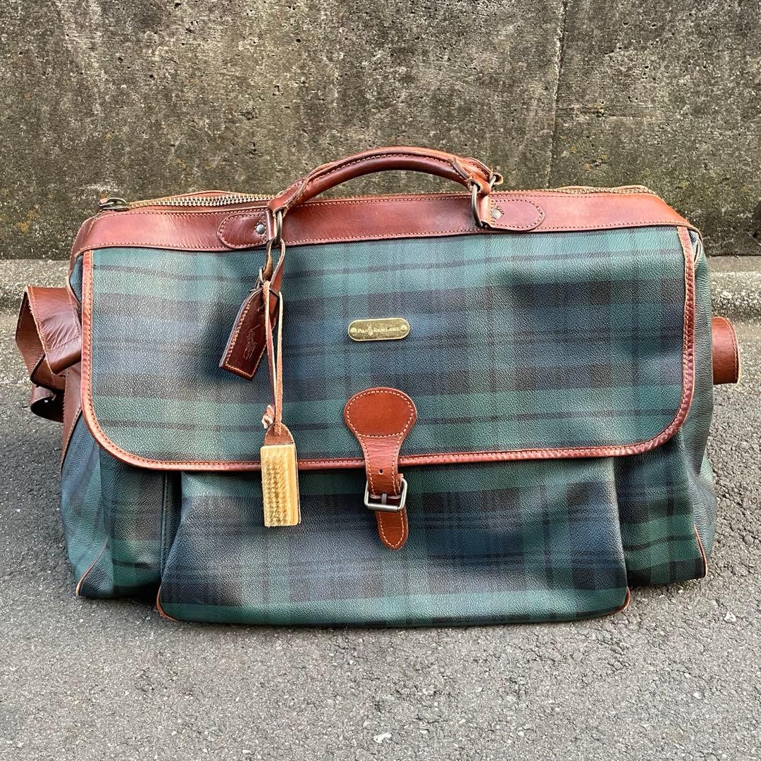 【名作】ポロラルフローレン　ボストンバッグ　2WAY ブラックウォッチ PVC ポロラルフローレン ボストンバッグ 2WAY 緑 PVCレザー ブラック