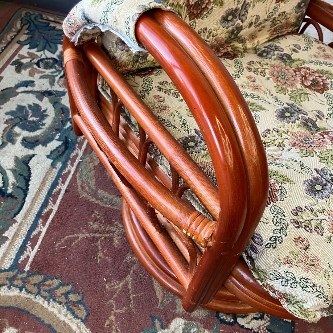 昭和レトロ 花柄ゴブラン織り 回転式ラタンリクライニングチェア