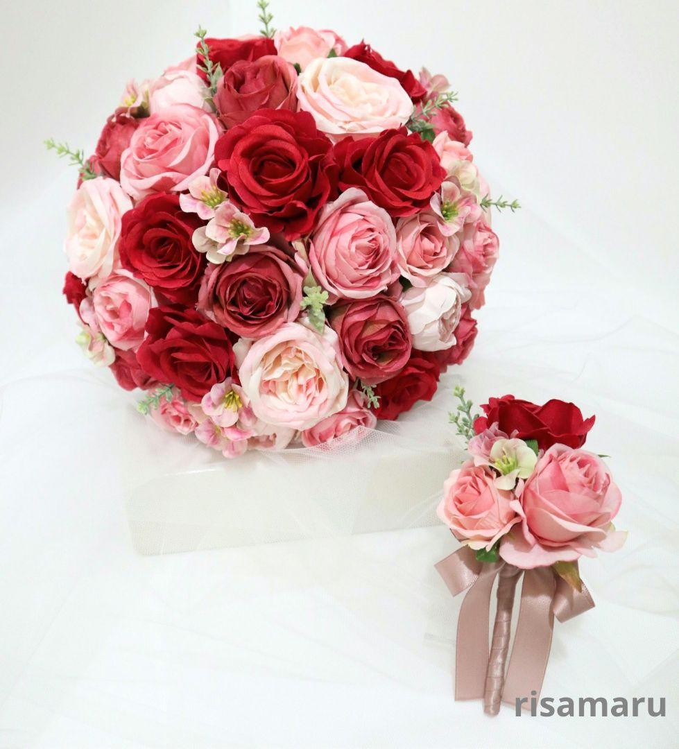 ❁赤♡ピンク❁ウェディングブーケ・ブートニア2点セット 結婚