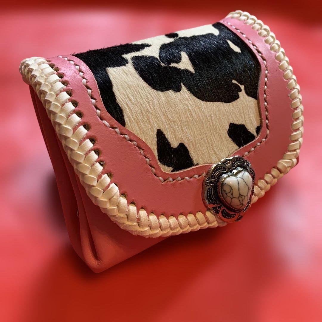 ハンドメイドレザークラフトカウ柄ハラコ牛革ピンクアコーディオン財布