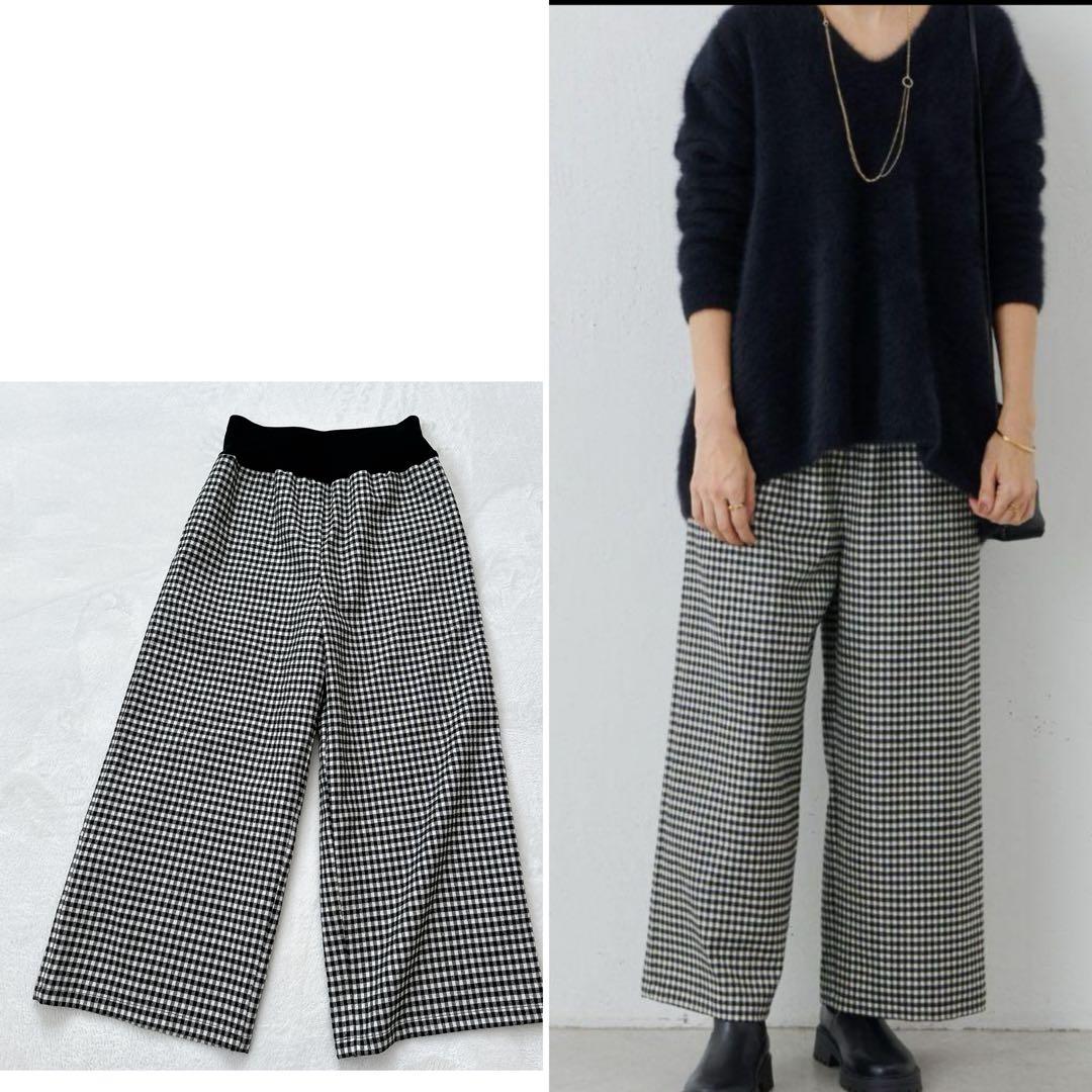 【美品】BEARDSLEY ビアズリー　ウエストリブ　チェックワイドパンツ　S BEARDSLEY（ビアズリー）の「チェックウエストリブパンツ（その他