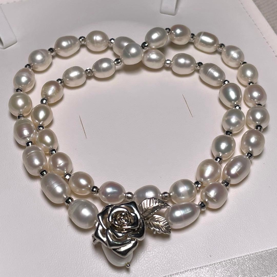 薔薇モチーフ クラスプ 大珠 本真珠 ネックレス 7.5〜8.3㎜ O581