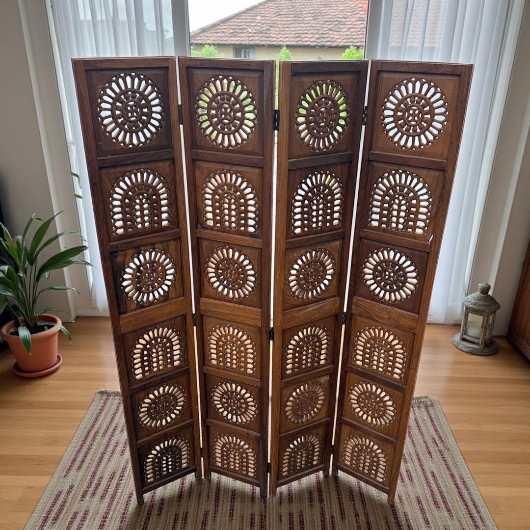 彫刻アンティーク 木製パーテーション 4連 透かし彫り 間仕切り 屏風 杉竹製 透かし入り 昭和初期 四連 アンティーク