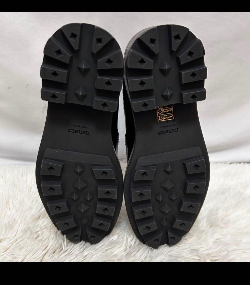 美品 HERMES サイドゴアブーツ ブラック ウィングチップ レザー 保存袋