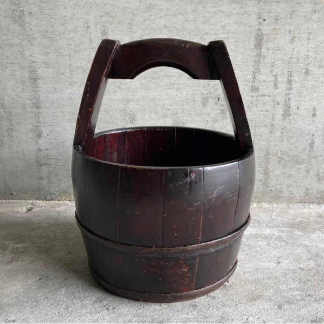 古い木桶 水汲み桶 バケツ 木製 花器 鉢 置物 古道具 レトロ