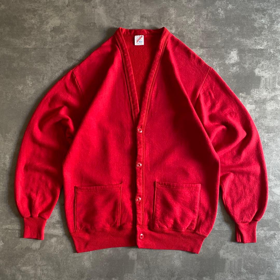 レア色80s90sジャージーズ無地カーディガンUSA製ポケ付きカーマインOSFA