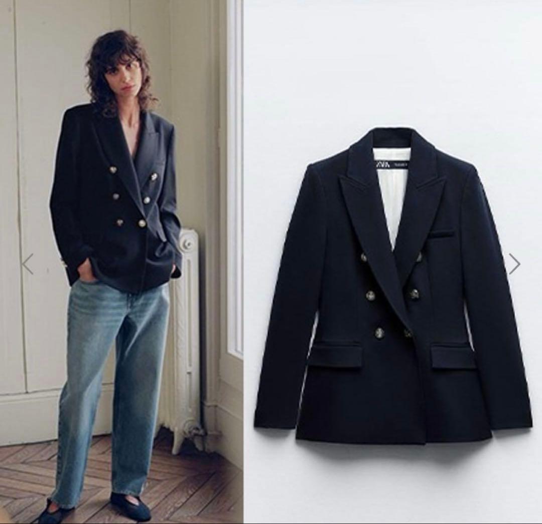 ZARA テーラードダブルブレストブレザー ネイビー ジャケット - メルカリ