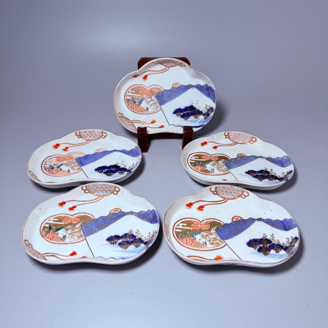 幕末～明治期 角冨 色絵扇絵変形皿 五客 裏千鳥文 金襴