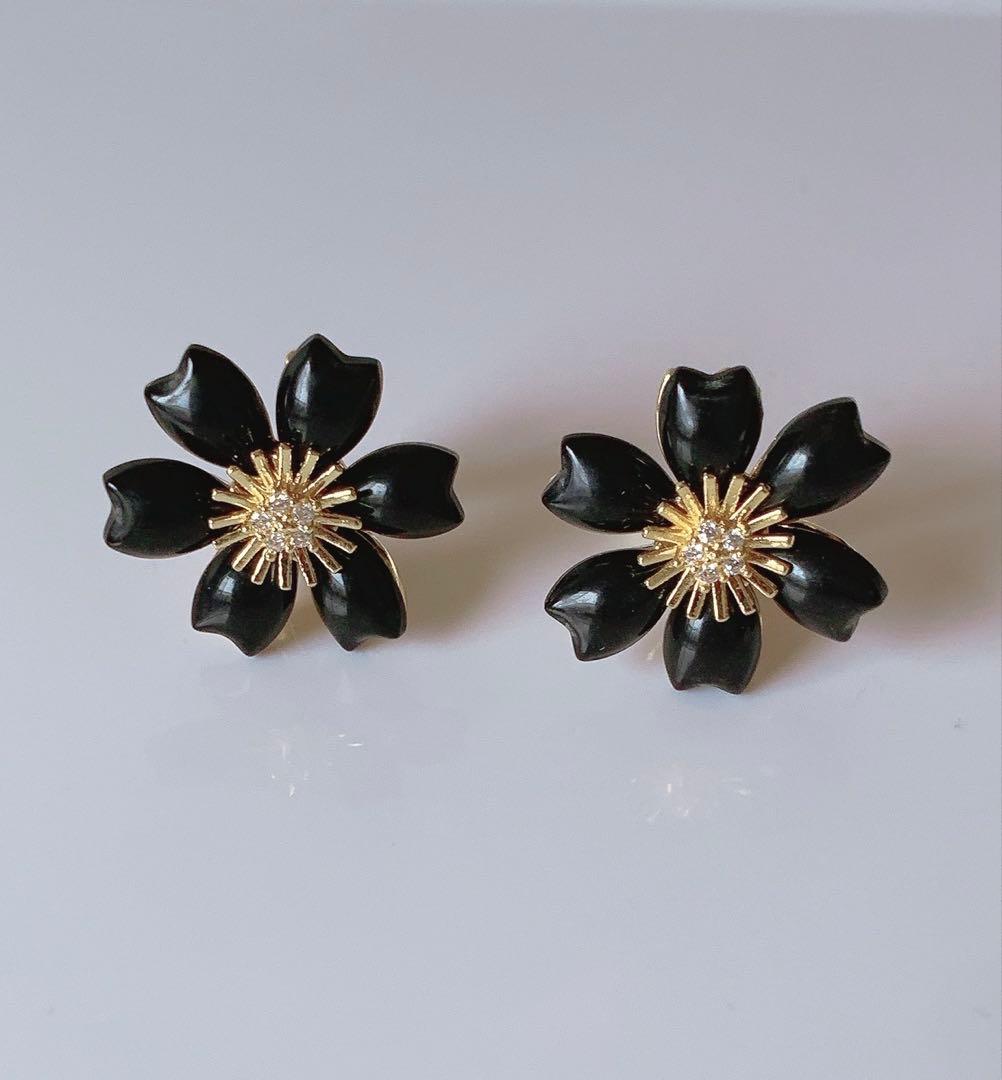 YG ブラックフラワー ダイヤ クリップピアス ブラックダイヤ デザインピアス フラワー 計1カラット : アイラブ