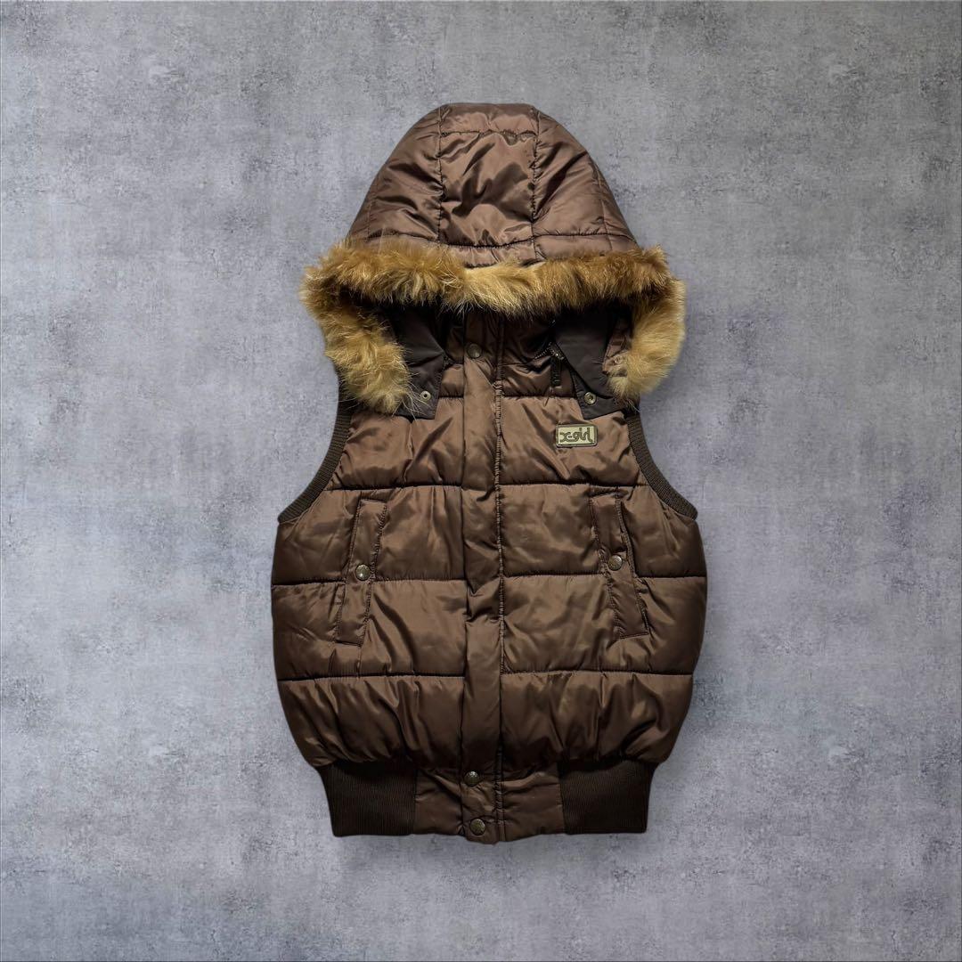 Y2K X-girl ファーダウン ベスト グランジ 平成ギャル白ギャルブラウン