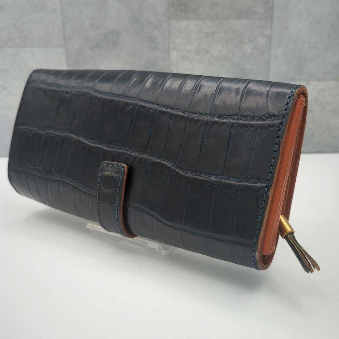 極美品✨フェリージ 長財布 コロコロ クロコ型押し レザー紺 定価86900